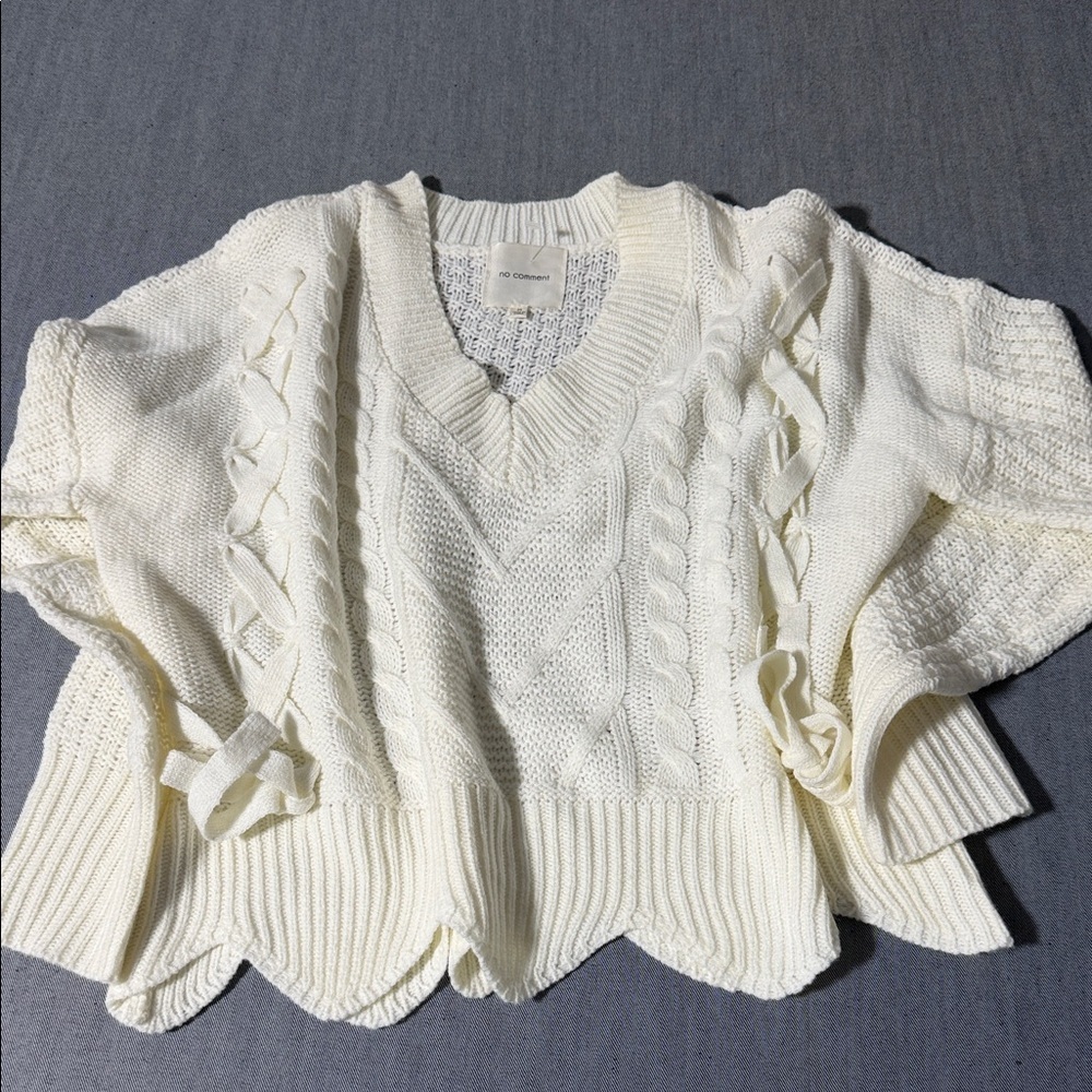 No Comment Cable Knit Sweater M Cream Lace Up Boho Scalloped Hem Acrylic F - 20